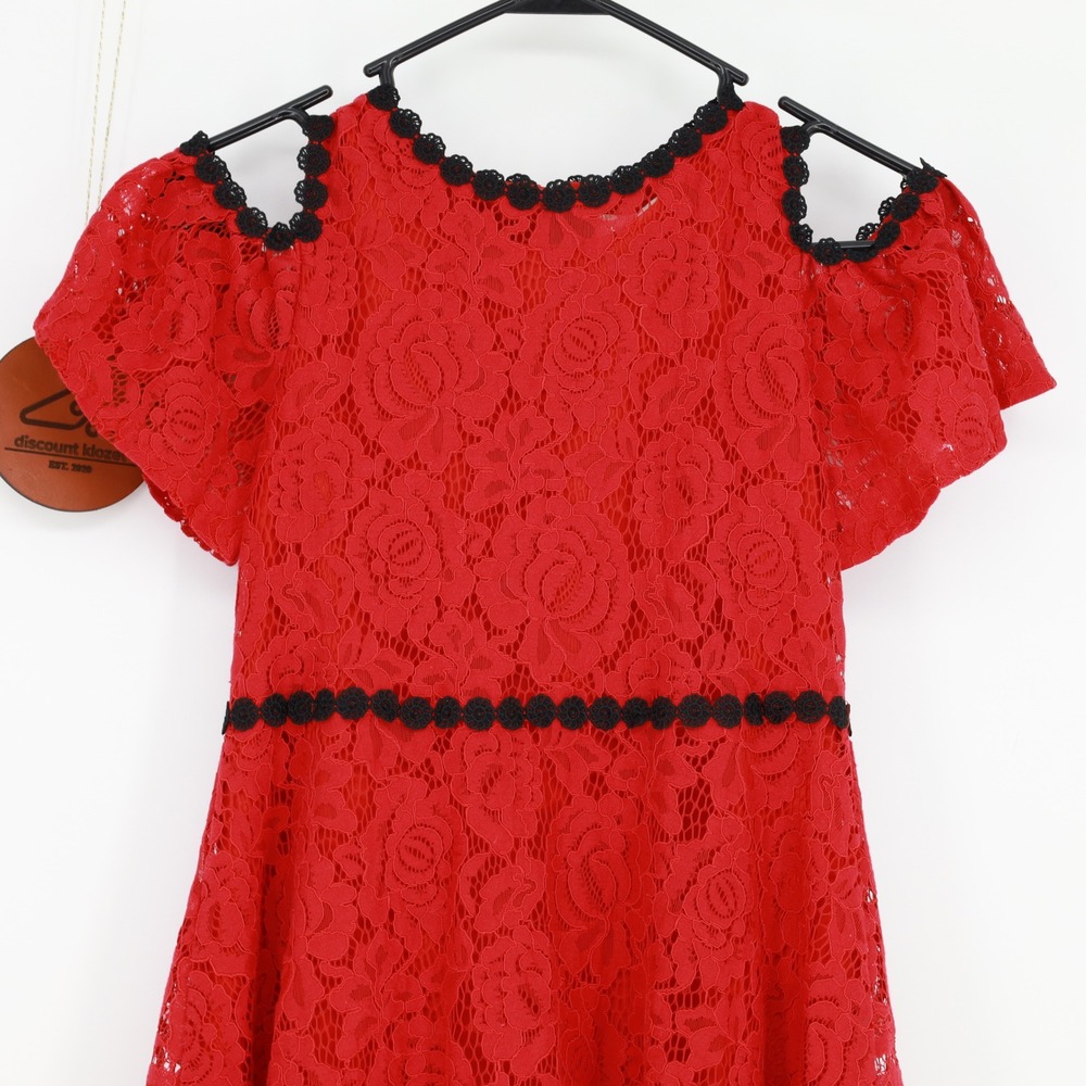 Kate Spade Girls‎ Red Floral Lace Cold Shoulder Dress Black Trim Size 12 Elegant - Picture 3 of 9